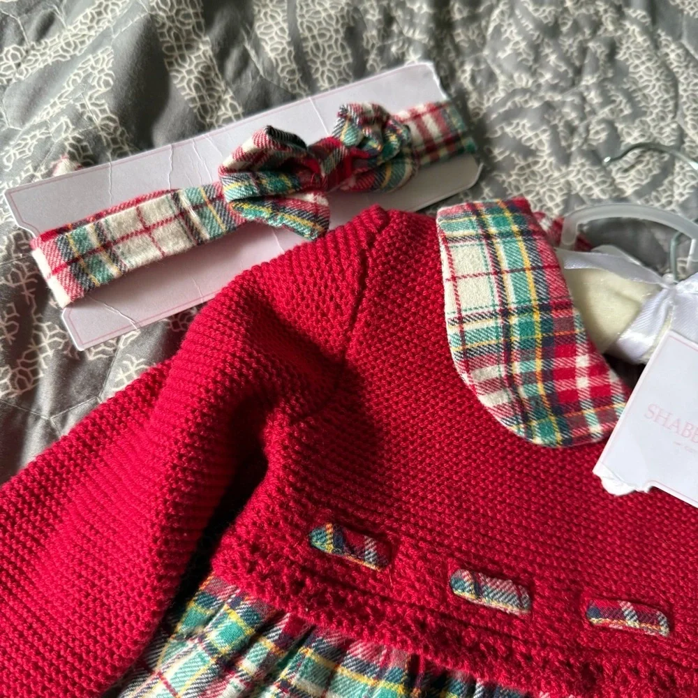 Shabby Chic Infant Holiday Red Plaid Dress with Bow and Tights. NWT 6-9 M